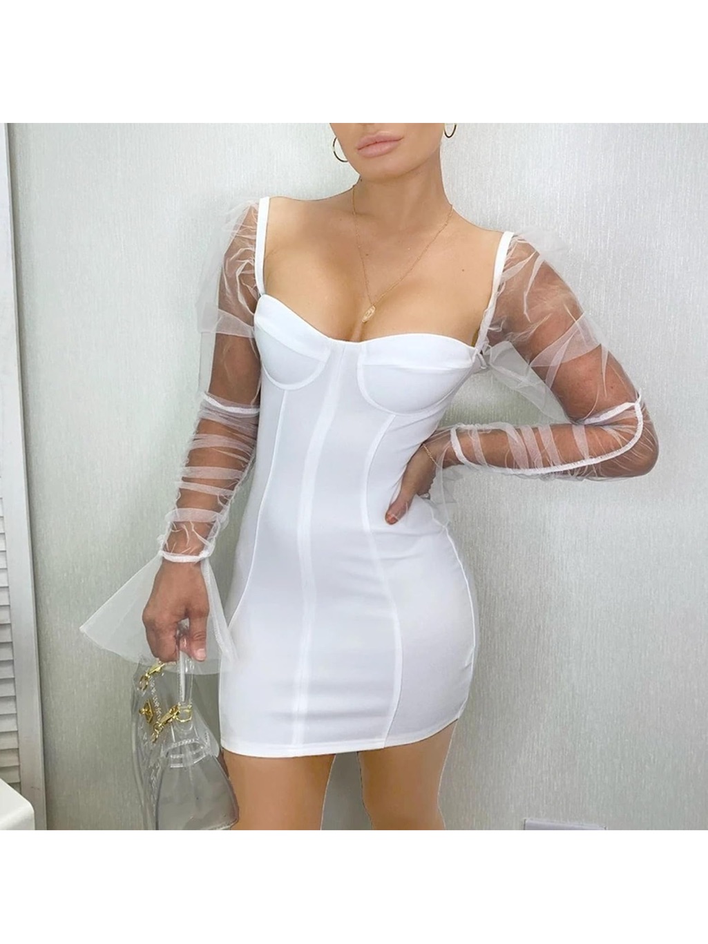 White Mesh Sleeve Bodycon Mini Dress